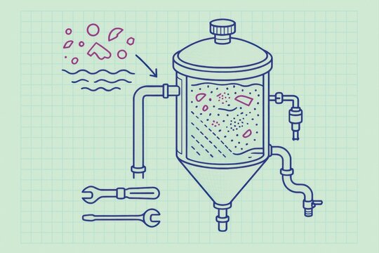 Innovative filtration system design featuring a transparent tank showcasing sediment removal, engineering concept illustrated with precise measurements on a grid background, emphasizing