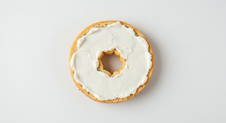 Top-Down View of Bagel with Cream Cheese on White Background, Minimal Composition