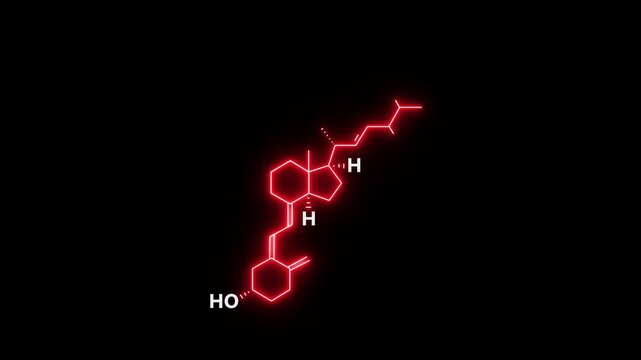 neon Vitamin D2 Molecular Structure On black Background. Vitamin D2 Molecular Structure Symbol icon Animation. Vitamin D2 Molecule Structure icon.