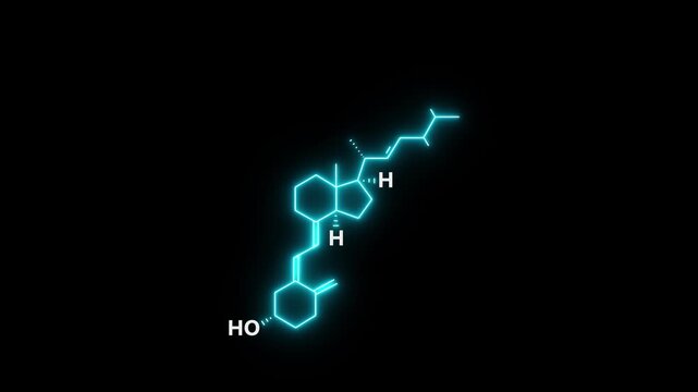 neon Vitamin D2 Molecular Structure On black Background. Vitamin D2 Molecular Structure Symbol icon Animation. Vitamin D2 Molecule Structure icon.