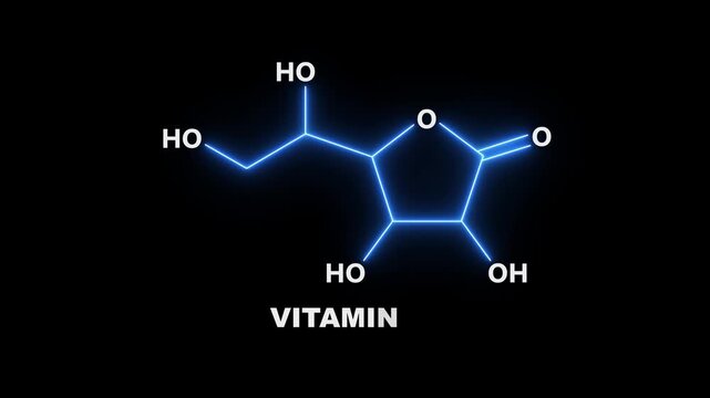 neon Vitamin C Molecular Structure On black Background. Vitamin C Molecular Structure Symbol icon Animation. Vitamin C Molecule Structure icon.
