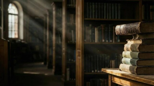 Atmospheric background of vintage books pile on wooden desk. Volumetric sun beams shining through window with floating dust particles. Mystic university interior or magic school concept.
