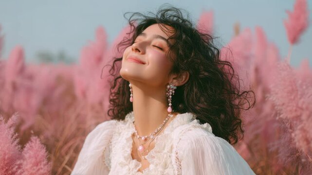 Ethereal serene portrait of a woman among soft pink pampas grass. Smiling happy girl with her eyes are close at sunset. Selective focus, Soft and feeling background. Modern floral art beauty concept