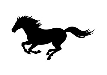 Silueta negra de un caballo galopando a máxima velocidad aislada sobre un fondo blanco