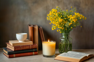 Books, flowers, and candle create a cozy setting on a table in a warm room during the day