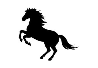 Silueta negra de un caballo encabritado sobre sus patas traseras aislada sobre fondo blanco