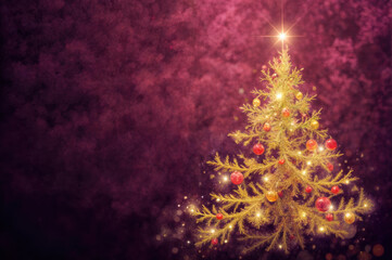 Bright Christmas tree with colorful ornaments and lights shines in a purple background during festive season