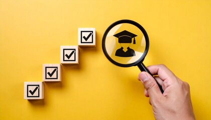Magnifying glass over graduation icon block atop staircase of checkmarks, symbolizing educational progress and achievement.