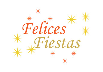 Fototapeta premium Felices fiestas con tipografía elegante rodeado de estrellas brillantes y destellos dorados sobre un fondo blanco