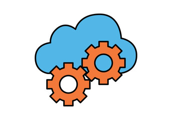 Nube azul con engranajes naranjas representando servicios de computación en la nube y procesamiento de datos automatizado
