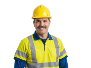 Smiling construction worker wearing yellow safety vest and hard hat