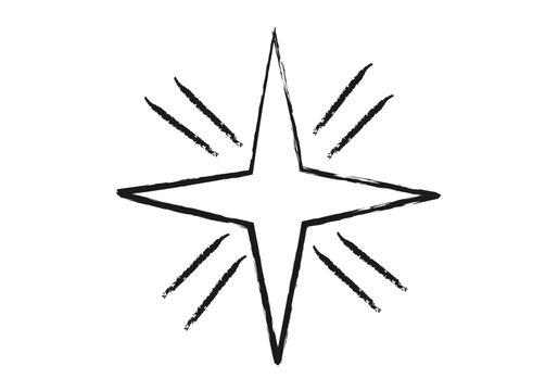 Ilustraci&oacute;n en trazo de pincel de una estrella de cuatro puntas estilo boceto brillando sobre fondo blanco