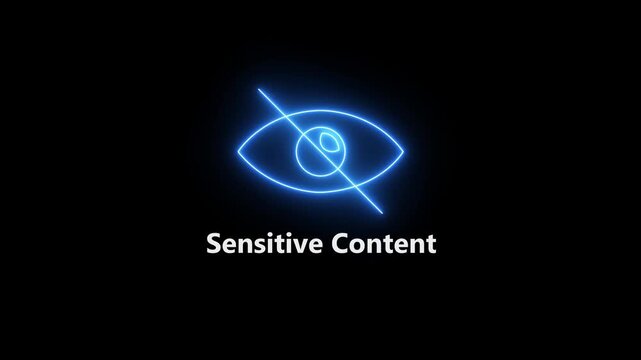 neon Restricted Video Sensitive Content warning icon animation on black Background. warning sign to hide image or video with scenes of violence or nudity. Neon hide eye symbol, sensitive content icon.