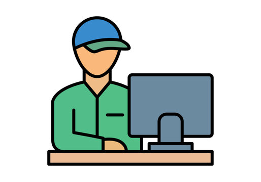 Operador log&iacute;stico o trabajador de almac&eacute;n con gorra azul y camisa verde utilizando una computadora para gestionar env&iacute;os y pedidos