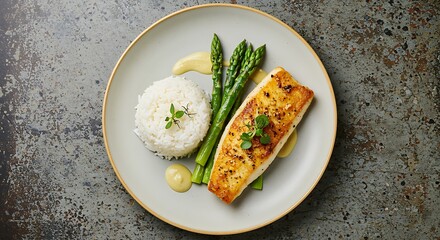 Top-Down View of Baked Fish Fillet with Rice and Grilled Asparagus on Stone