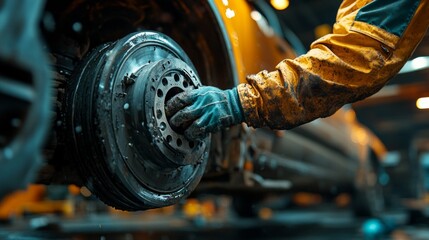 The greasy hands of a mechanic removing a wheel illustrate hard work, providing a vivid backdrop for car service advertisements or technical training materials.