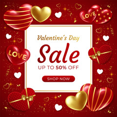 Valentine's Day sale square banner template. Floating red and gold 3D hearts on a red background. Gift box with a bow. Glitter and shimmer. Vector illustration.