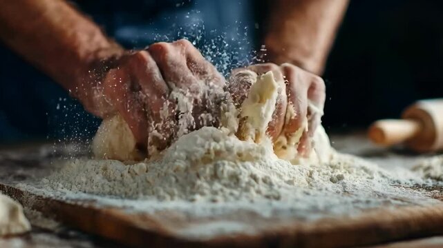 Closeup of a chef skillfully mixing semolina and allpurpose flour on a wooden board preparing a smooth dough for fresh homemade pasta. Hands gently blend flours to achieve perfect
