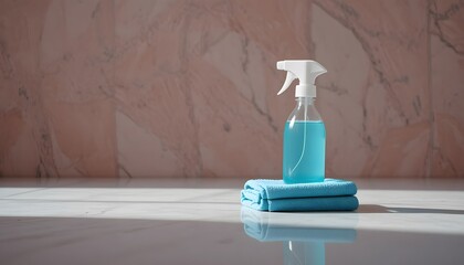 Minimalist still life of a spray bottle and folded cleaning cloth.