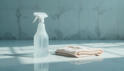 Minimalist still life of a spray bottle and folded cleaning cloth.