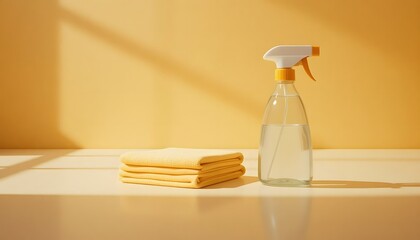 Minimalist still life of a spray bottle and folded cleaning cloth.