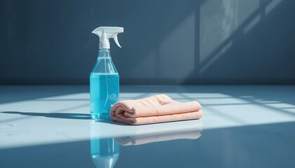 Minimalist still life of a spray bottle and folded cleaning cloth.