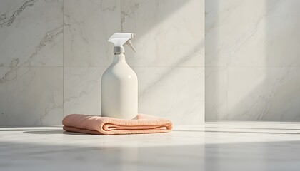 Minimalist still life of a spray bottle and folded cleaning cloth.