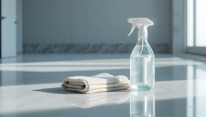 Minimalist still life of a spray bottle and folded cleaning cloth.