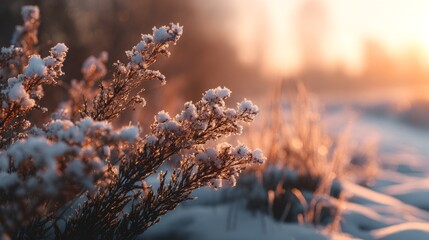 Snowy Dawn Winter plant glistening at sunrise with frosty beauty, and nature.