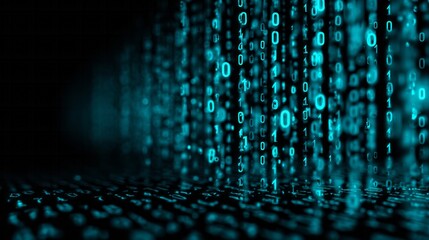 Glowing digital binary code streams downward across a dark, receding surface