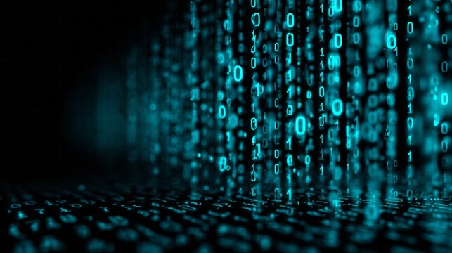 Glowing digital binary code streams downward across a dark, receding surface - Powered by Adobe