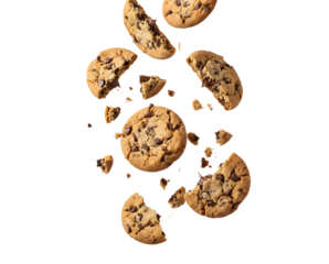 Delicious chocolate chip cookies in various stages of breaking and falling, highlighting their crumbly texture and rich flavor, isolated on a transparent background