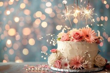 A birthday cake with flower decorations and sparklers and a background with decorations in bokeh