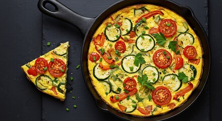 Top-Down View of Colorful Vegetable Frittata in Cast Iron Pan, Dark Moody Tabletop