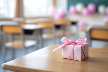 A gift box placed on a desk inside a classroom.