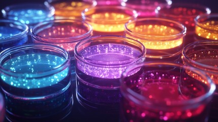 Glowing flasks filled with colourful liquids create a mysterious scientific atmosphere, suitable for use as a backdrop in materials about biotechnology or chemical research.