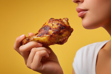 A person holding a piece of fried chicken close to the mouth.