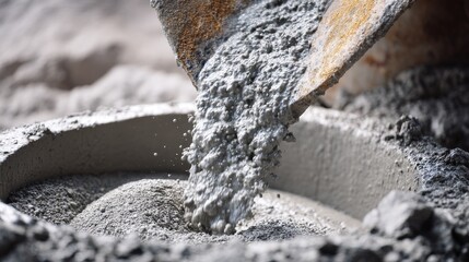 Concrete cascade Cement mixer pours fresh mix with construction material.