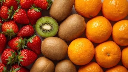 Fresh Strawberries Kiwi and Oranges Arrangement on White Background - Vibrant Healthy Fruits Flat Lay