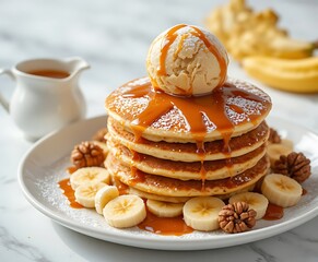 Delicious stack of pancakes with caramel sauce and ice cream on top