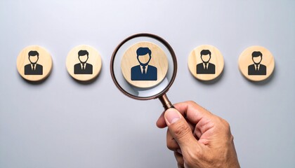 Magnifying glass over wooden disc with suited figure