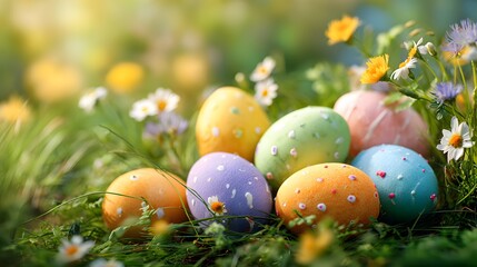 Group of brightly colored, decorated eggs nestled in lush green springtime grass among wildflowers