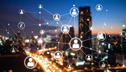 Cityscape with glowing social network overlay