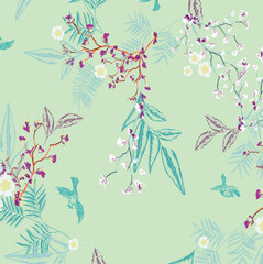 Chinoiserie style floral background with hand-drawn branches and flying birds, Vintage aesthetic garden pattern for wallpaper and fabric.