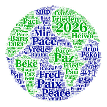 Peace 2026 word cloud in different languages
