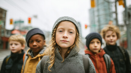 Group portrait of children from diverse backgrounds waiting at an urban crosswalk, shown with calm, composed expressions. Group diverse children in the street, crosswalk and traffic light in backgroun