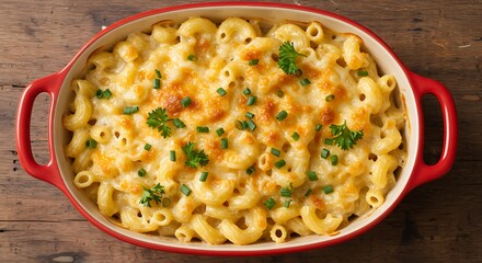 Top-Down View of Creamy Baked Mac and Cheese in Red Dish on Wooden Backdrop