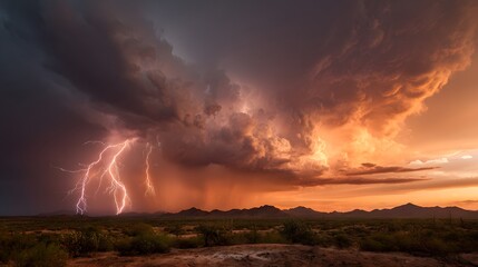 Intense lightning strikes illuminate a dramatic desert monsoon sky during sunset