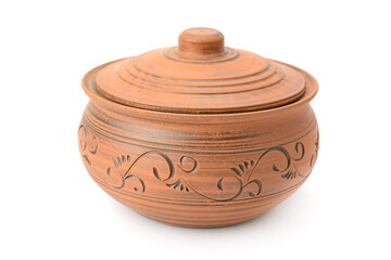 Handmade Clay Pot with Lid Isolated on White Background with Copy Space for Traditional Cookware, Rustic Kitchen Design and Craft Concepts