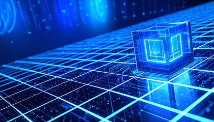 Futuristic neon cube hovering above digital grid with glowing circular tech elements